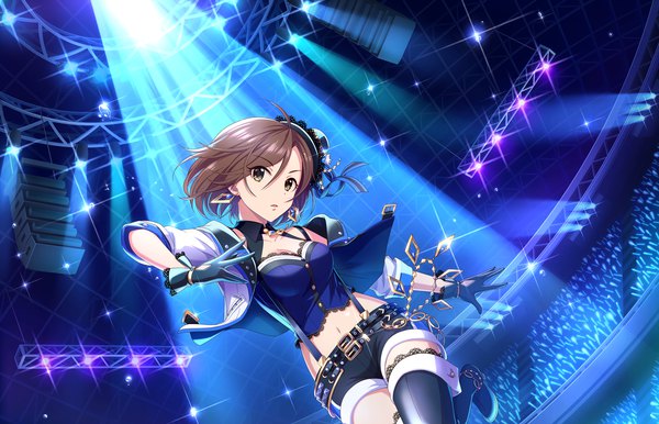Anime picture 1280x824 with idolmaster idolmaster cinderella girls idolmaster cinderella girls starlight stage mizuki seira single looking at viewer short hair brown hair brown eyes sparkle from below midriff light girl gloves navel hat earrings shorts boots
