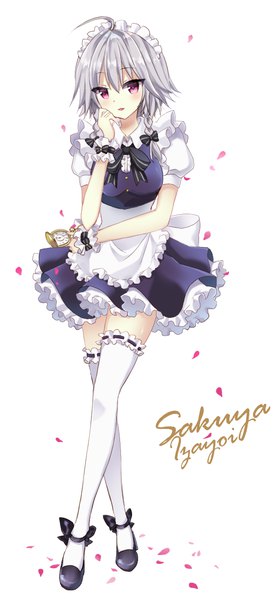 Anime picture 600x1297 with touhou izayoi sakuya mayo (miyusa) single tall image blush fringe short hair simple background hair between eyes standing white background holding silver hair full body ahoge braid (braids) pink eyes short sleeves maid