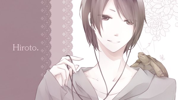 Anime picture 1600x900 with nico nico singer hiroto (singer) sekiyu single looking at viewer short hair open mouth smile wide image pink eyes inscription boy flower (flowers) animal headphones wire (wires) hand turtle