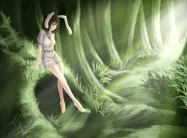 Anime picture 1500x1111 with touhou inaba tewi akaikitsune short hair red eyes brown hair sitting animal ears barefoot sunlight bunny ears girl dress plant (plants) tree (trees) pendant grass forest