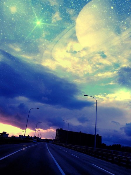Anime picture 1530x2048 with original usamochi. tall image sky cloud (clouds) horizon glow morning sunrise building (buildings) star (stars) ground vehicle planet car road