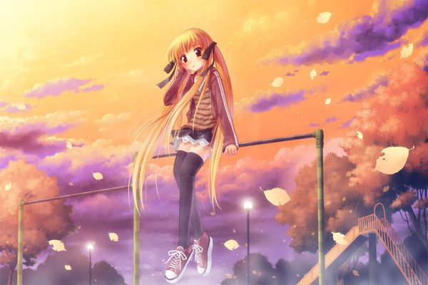 Anime picture 1000x667 with original kankurou blush red eyes twintails cloud (clouds) very long hair orange hair evening sunset girl thighhighs skirt ribbon (ribbons) black thighhighs hair ribbon miniskirt shoes leaf (leaves)