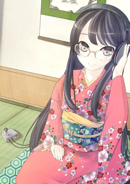 Anime picture 1909x2701 with original nekobaka single long hair tall image highres black hair smile japanese clothes black eyes girl glasses kimono headphones obi