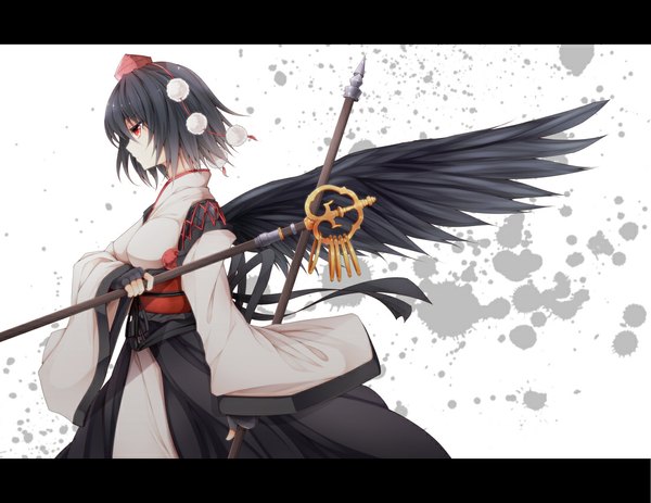 Anime picture 1100x850 with touhou shameimaru aya midori (misuriru8) single short hair black hair red eyes traditional clothes profile kourindou tengu costume girl wings staff