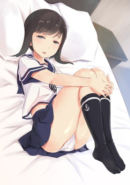 Anime picture 1223x1736 with kantai collection fubuki destroyer wa (genryusui) single tall image looking at viewer blush short hair light erotic black hair lying pleated skirt on back grey eyes no shoes girl skirt underwear panties miniskirt
