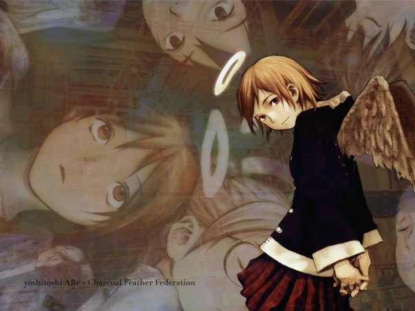 Anime picture 1280x960 with haibane renmei rakka (haibane) abe yoshitoshi single looking at viewer brown hair brown eyes pleated skirt light smile from behind hands behind back girl skirt uniform school uniform wings glasses halo