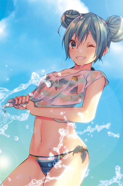 Anime picture 662x1000 with vocaloid hatsune miku shiomizu (swat) single tall image looking at viewer blush fringe short hair breasts light erotic smile hair between eyes standing sky cloud (clouds) nail polish one eye closed aqua eyes wink