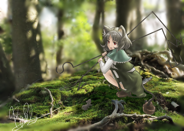 Anime picture 3107x2221 with touhou nazrin shiguro single highres short hair open mouth red eyes sitting signed animal ears looking away absurdres full body tail long sleeves animal tail grey hair blurry nature