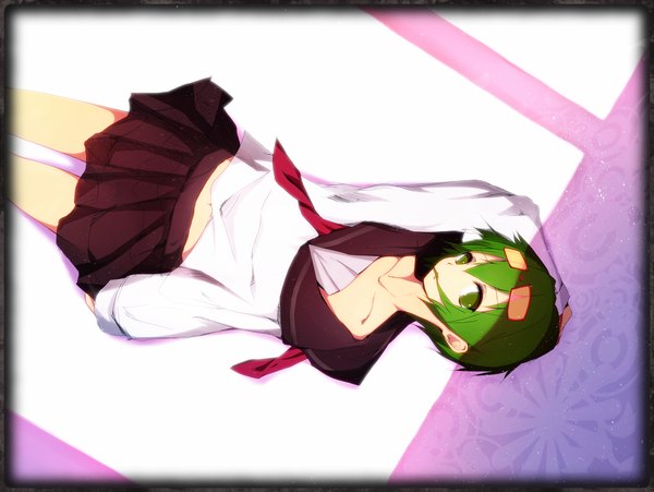 Anime picture 2000x1506 with vocaloid gumi single highres short hair green eyes lying green hair sunglasses on head girl serafuku sunglasses