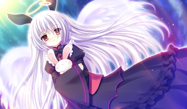 Anime picture 1024x600 with tsukumonotsuki long hair red eyes wide image game cg white hair loli bunny ears girl dress wings toy stuffed animal