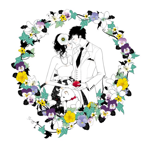 Anime picture 1560x1560 with original mihoshi (artist) blush short hair black hair white background bare shoulders eyes closed hair flower girl dress boy hair ornament flower (flowers) bow necktie jewelry apple dog pansy
