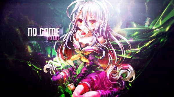 Anime picture 1920x1080 with no game no life madhouse shiro (no game no life) daphne zhang redeye27 single long hair looking at viewer blush fringe highres hair between eyes red eyes wide image sitting bare shoulders holding purple hair wallpaper copyright name