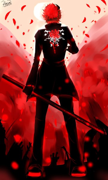 Anime picture 3085x5110 with rwby rooster teeth adam (rwby) single tall image highres short hair standing absurdres red hair red background boy weapon petals sword katana