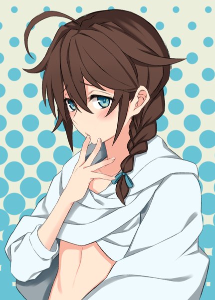 Anime picture 842x1173 with kantai collection shigure destroyer sora yoshitake yuda single long hair tall image blush fringe light erotic hair between eyes brown hair payot ahoge braid (braids) aqua eyes embarrassed single braid finger to mouth polka dot polka dot background