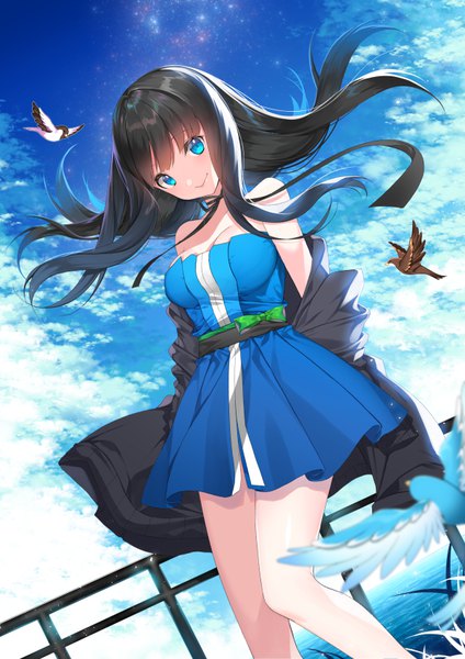 Anime picture 600x849 with original roh nam kyung single long hair tall image looking at viewer blue eyes black hair smile bare shoulders sky cloud (clouds) floating hair :> girl dress animal bird (birds)