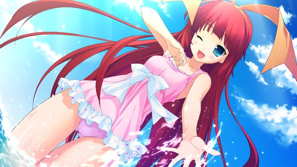 Anime picture 1280x720 with tiny dungeon (game) rosebleu von term single long hair open mouth blue eyes wide image game cg red hair girl sundress