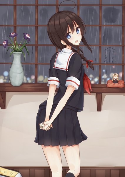 Anime picture 2005x2832 with kantai collection shigure destroyer yuudachi destroyer tsuchikure (3105mitoko) single long hair tall image looking at viewer blush highres open mouth blue eyes black hair ahoge braid (braids) looking back rain girl uniform flower (flowers)