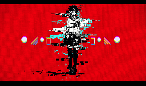 Anime picture 1914x1132 with original vocaloid tarbo (exxxpiation) single highres short hair wide image standing blunt bangs shadow zettai ryouiki looking down monochrome letterboxed red background zoom layer partially colored :c girl thighhighs
