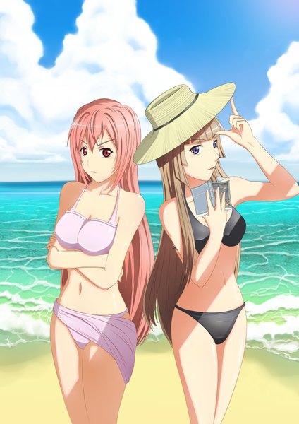 Anime picture 2893x4092 with zetsuen no tempest studio bones fuwa aika kusaribe hakaze brianchan.t.w long hair tall image highres red eyes brown hair purple eyes multiple girls pink hair sky cloud (clouds) parted lips crossed arms sand girl navel