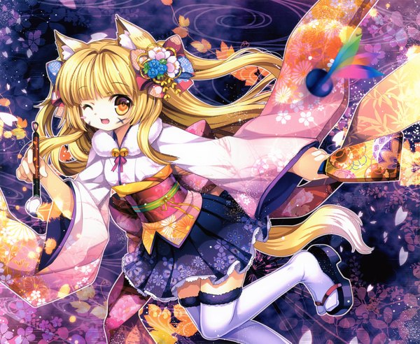 Anime picture 2370x1947 with original capura lin single long hair highres open mouth blonde hair animal ears long sleeves traditional clothes animal tail one eye closed wink orange eyes lolita fashion wa lolita girl thighhighs skirt hair ornament