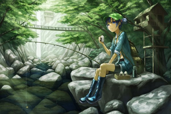 Anime picture 1500x1000 with touhou kawashiro nitori uni (plastic girl) kurione (zassou) single looking at viewer short hair blue eyes sitting twintails blue hair short twintails eating river girl plant (plants) tree (trees) food jacket building (buildings)