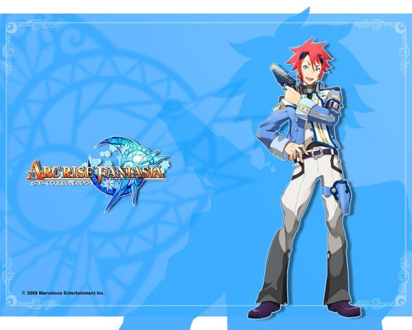 Anime picture 1280x1024 with arc rise fantasia single looking at viewer short hair blue eyes simple background standing red hair inscription boy weapon belt gun holster