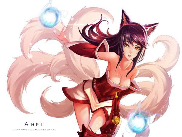 Anime picture 2952x2220 with league of legends ahri (league of legends) crazed single long hair looking at viewer highres breasts light erotic simple background white background bare shoulders animal ears yellow eyes purple hair tail animal tail lips mole mole under eye