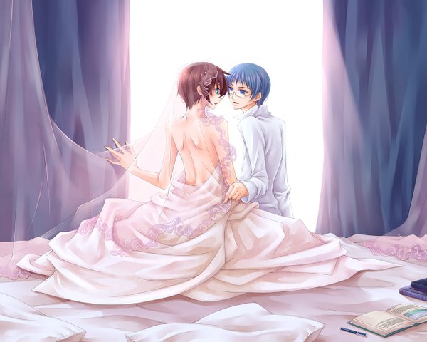 Anime picture 1250x1000 with tales of graces asbel lhant hubert ozwell short hair open mouth blue eyes light erotic brown hair sitting blue hair back shounen ai boy shirt glasses book (books) bed curtains
