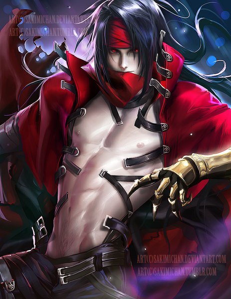 Anime picture 695x900 with final fantasy final fantasy vii square enix vincent valentine sakimichan single long hair tall image looking at viewer black hair red eyes signed nipples wind realistic watermark boy hairband armor cloak