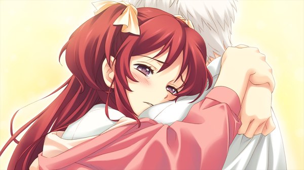 Anime picture 1280x720 with tsubasa o kudasai (game) long hair blush wide image brown eyes game cg red hair hug tears girl