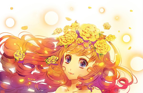 Anime picture 1150x750 with original raayzel single looking at viewer blue eyes smile white background light smile orange hair curly hair girl flower (flowers) petals