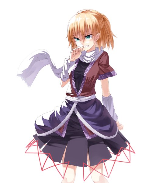 Anime picture 1200x1500 with touhou mizuhashi parsee ibuki notsu single tall image blush short hair simple background blonde hair white background green eyes pointy ears finger to mouth half updo clenched teeth girl dress detached sleeves scarf