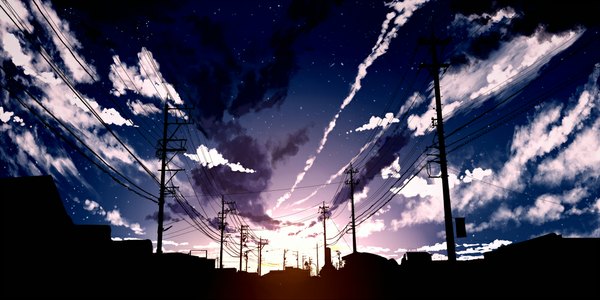 Anime picture 1000x500 with original kibunya 39 wide image sky cloud (clouds) city evening sunset landscape building (buildings) wire (wires) house