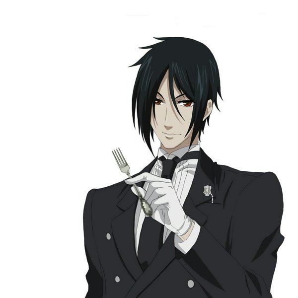 Anime picture 1280x1280 with kuroshitsuji a-1 pictures sebastian michaelis single looking at viewer short hair black hair simple background smile red eyes white background butler boy gloves necktie suit