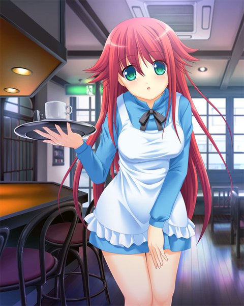 Anime picture 640x800 with original aocchi single long hair tall image looking at viewer blush open mouth blue eyes red hair girl apron
