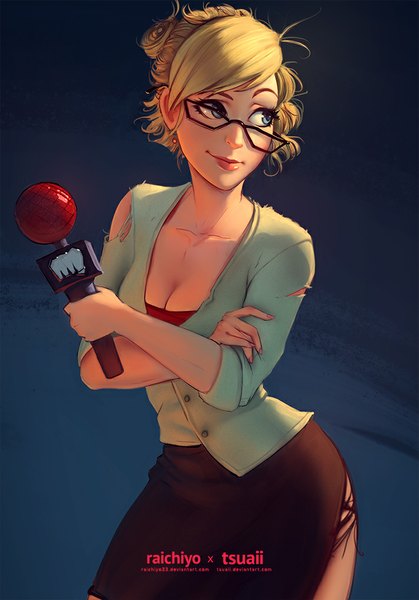Anime picture 712x1020 with league of legends janna windforce carlos eduardo tsuaii single tall image short hair blue eyes blonde hair smile looking away lips torn clothes girl skirt earrings glasses microphone