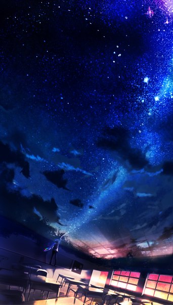 Anime picture 2400x4200 with original red flowers single tall image highres short hair standing holding sky cloud (clouds) from behind night night sky outstretched arm magic fantasy classroom ambiguous gender painting star (stars)