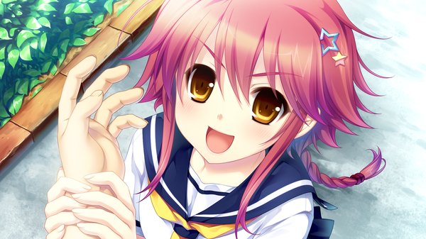 Anime picture 1920x1080 with & - sora no mukou de sakimasu you ni saeki hokuto long hair blush highres open mouth wide image yellow eyes game cg red hair braid (braids) girl serafuku