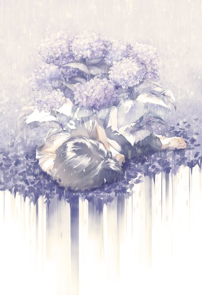Anime picture 805x1175 with original re (artist) single tall image short hair signed silver hair lying barefoot on side rain ambiguous gender flower (flowers) petals leaf (leaves) hydrangea
