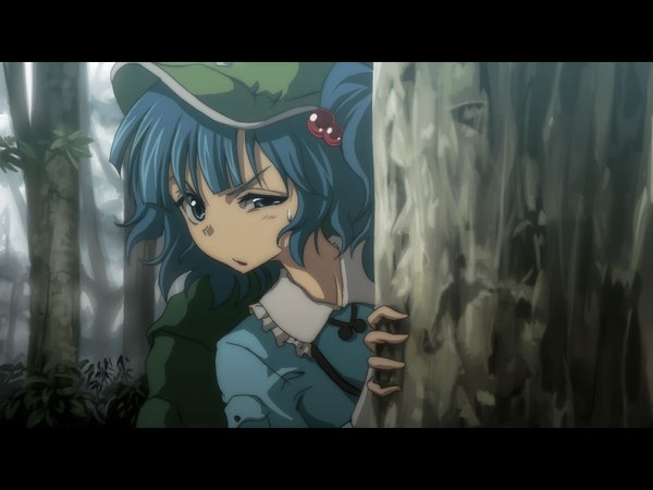Anime picture 1600x1200 with touhou kawashiro nitori hyuuga azuri single highres short hair blue eyes twintails blue hair nature girl hair ornament plant (plants) hat tree (trees) bag hair tie forest backpack hair bobbles
