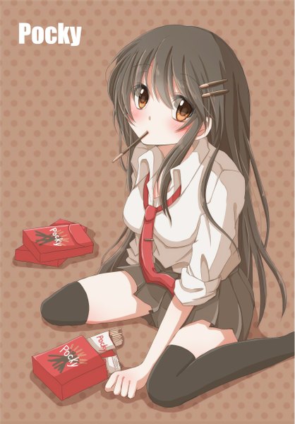 Anime picture 862x1238 with original hiro (hirohiro31) single long hair tall image looking at viewer blush black hair brown eyes girl thighhighs skirt hair ornament black thighhighs shirt necktie sweets hairclip pocky