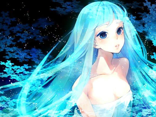 Anime picture 1024x768 with original ateka (artist) long hair blush fringe blue eyes bare shoulders aqua hair girl