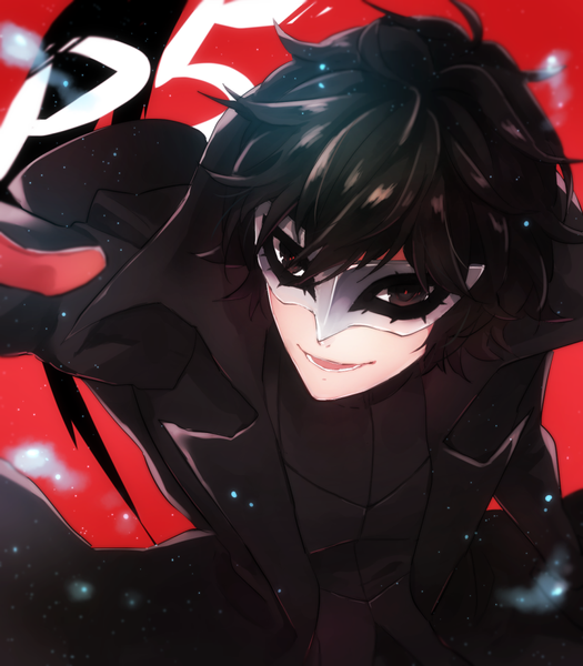 Anime picture 840x960 with persona 5 persona amamiya ren sen (senchaaa) single tall image short hair black hair smile parted lips black eyes open jacket leaning leaning forward turning head red background boy jacket mask