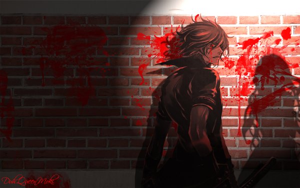 Anime picture 1920x1200 with togainu no chi nitro+chiral shiki (tnc) duhqueenmoki single highres short hair wide image signed inscription shadow boy weapon choker blood wall