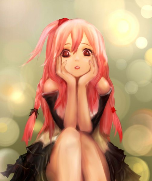 Anime picture 1000x1192 with guilty crown production i.g yuzuriha inori zhang xiao bo single long hair tall image looking at viewer bare shoulders brown eyes pink hair ponytail lips bare legs side ponytail girl dress black dress