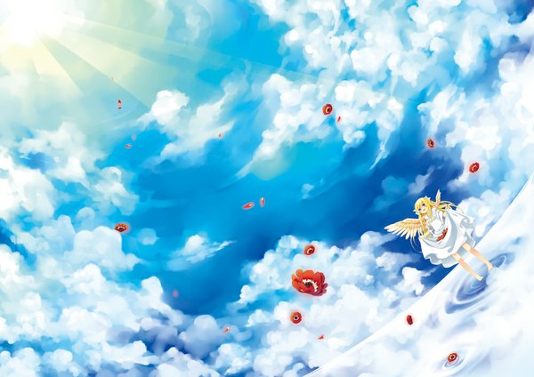 Anime picture 1000x707 with original fujiiro aiko single long hair blonde hair twintails sky cloud (clouds) barefoot sunlight looking up angel wings girl dress flower (flowers) wings water white dress sun