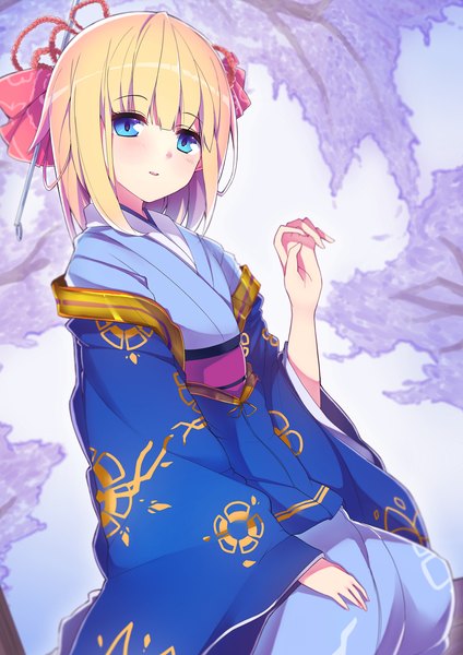 Anime picture 1000x1414 with original haruyuki (yukichasoba) single tall image looking at viewer blush short hair blue eyes blonde hair traditional clothes japanese clothes girl hair ornament kimono