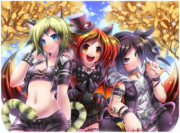 Anime picture 1228x907 with original emperpep long hair blush short hair open mouth blue eyes black hair smile purple eyes twintails multiple girls animal ears sky cloud (clouds) nail polish green hair cat ears orange hair midriff