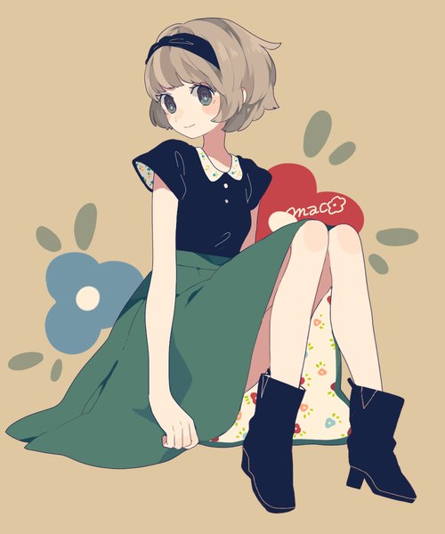 Anime picture 1000x1200 with original maco22 single tall image looking at viewer blush fringe short hair simple background smile sitting aqua eyes grey hair brown background girl skirt boots hairband long skirt