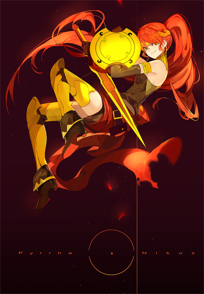 Anime picture 800x1154 with rwby rooster teeth pyrrha nikos saberiii single tall image looking at viewer fringe simple background smile hair between eyes red eyes bare shoulders green eyes full body ponytail very long hair character names weightlessness girl